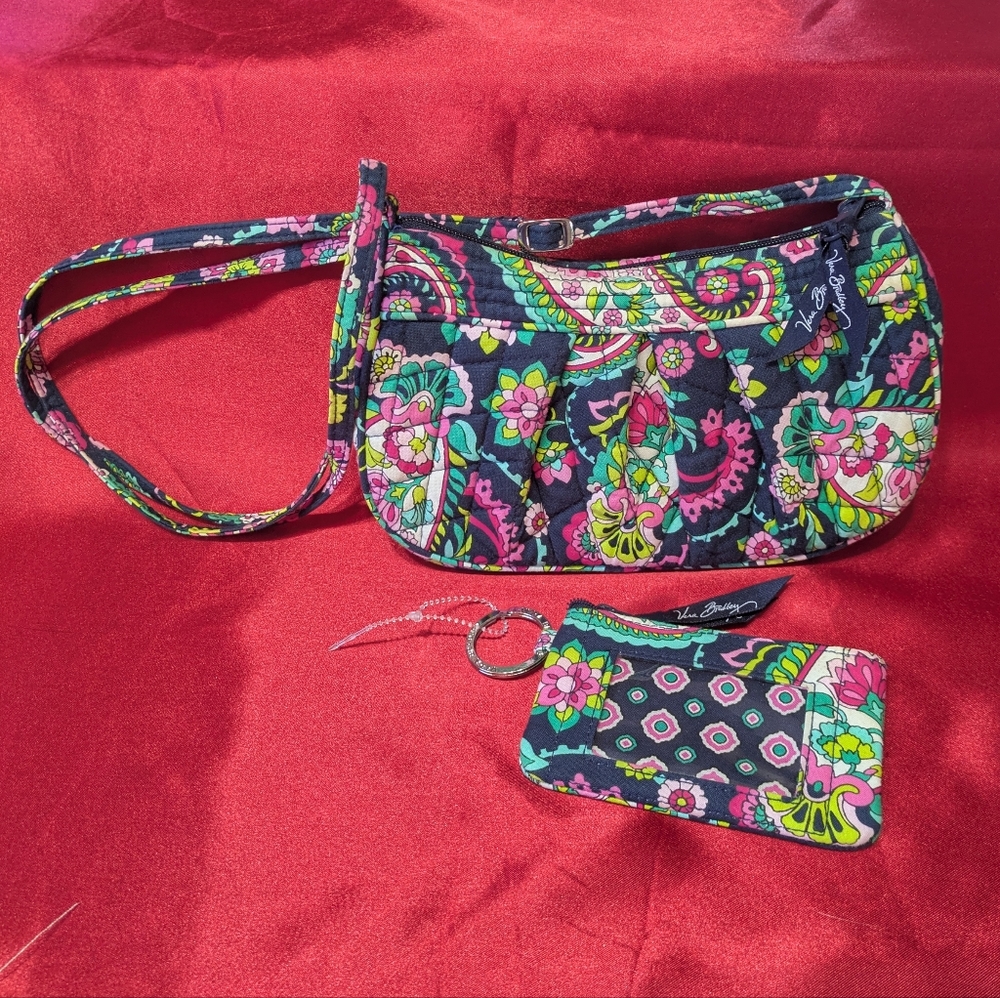 Vera Bradley Black Floral Paisley Quilted Wristlet Shoulder Bag with Card Case